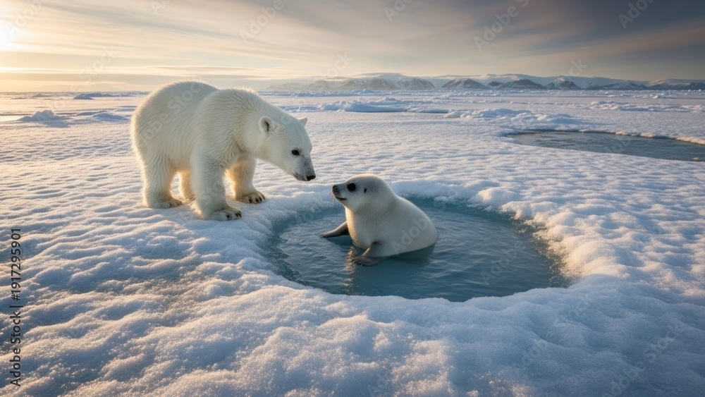 Fototapeta premium Polar bears on icy landscape at sunrise.