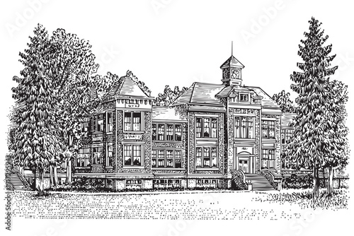 Old school building vector illustration engraving sketch transparent black and white on background