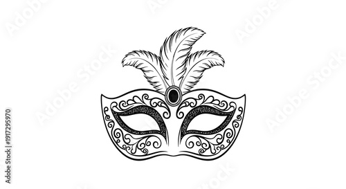 A beautiful venetian masquerade mask with intricate designs and a feather.