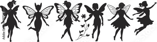 Wallpaper Mural Six black silhouette fairies with wings in various dancing and flying poses against a white background Torontodigital.ca
