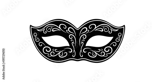 A beautiful black masquerade mask with intricate designs and swirls.