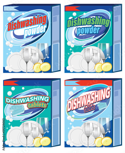 Dishwashing Powder and Tablets Packaging Vector Set