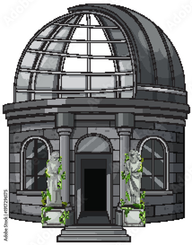 Abandoned Stone Observatory Dome With Classical Statues Entrance