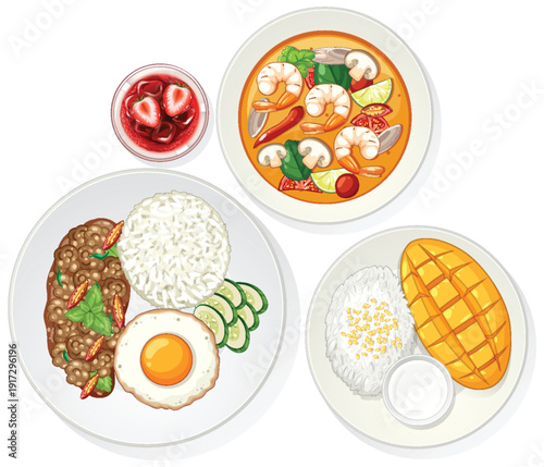 Traditional Thai Cuisine Dishes with Rice, Soup, and Dessert
