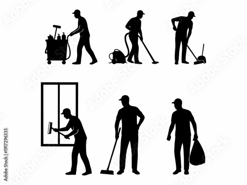 Professional Cleaning Service Silhouette Set with Janitors and Equipment