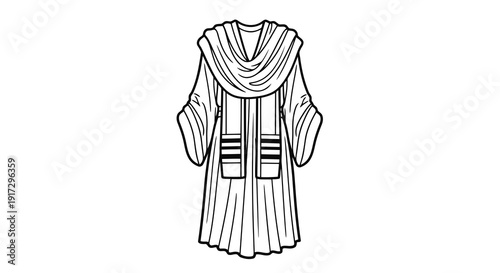 A simple line drawing of a traditional robe with intricate details and pleats.