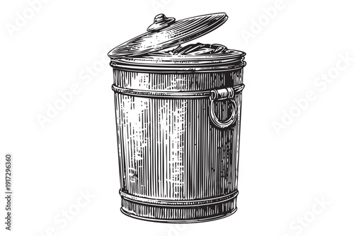 Vintage trash can with lid on transparent vector background old garbage bin object