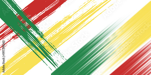Grunge brush strokes in red, yellow, and green with halftone pattern on white background. Perfect for reggae themes, music flyers, cultural designs, and creative artwork.