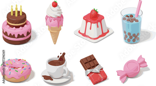 Gourmet dessert and sweets vector set with pink chocolate cake ice cream and boba tea for premium bakery branding and menus