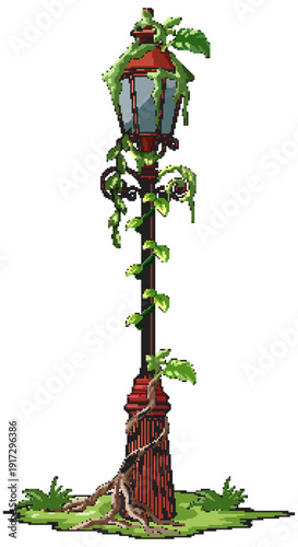 Overgrown Vintage Street Lamp with Twisting Green Vines