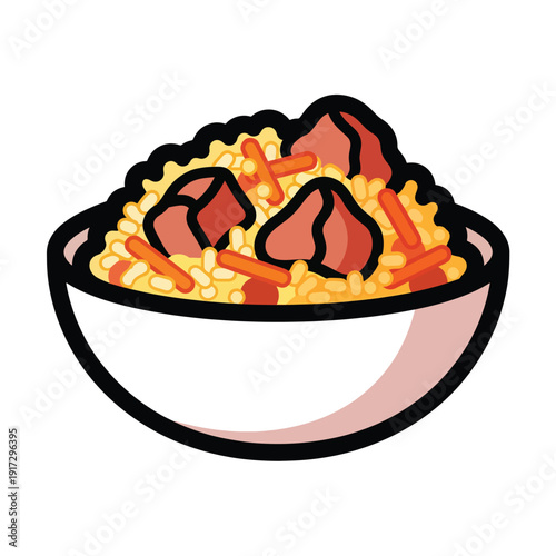 A bowl of food illustration with meat and vegetables from an overhead viewpoint