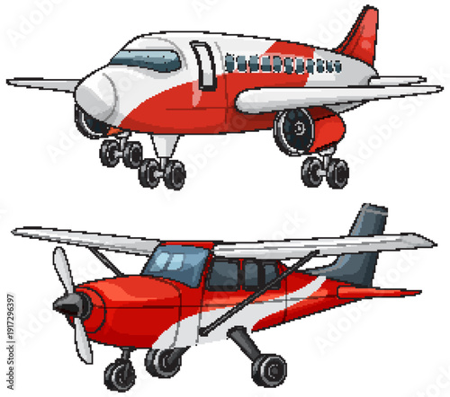 Red Passenger Jet and Small Propeller Airplane Illustration