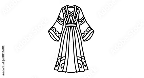 A simple black and white line drawing of a dress with intricate designs on the sleeves and hem.