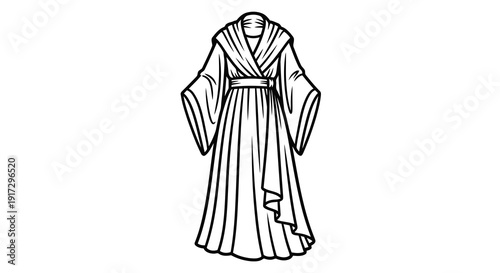A simple line drawing of a traditional robe with a sash and flowing sleeves.