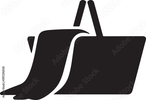 Black shopping basket icon with cloth draped over edge black silhouette vector