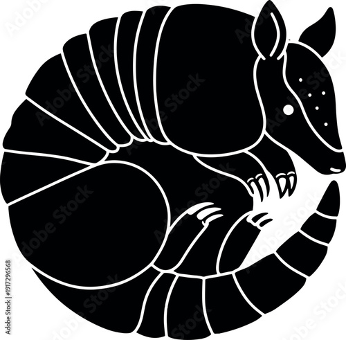 Black and White Illustration of a Coiled Armadillo with Detailed Shell and Head
