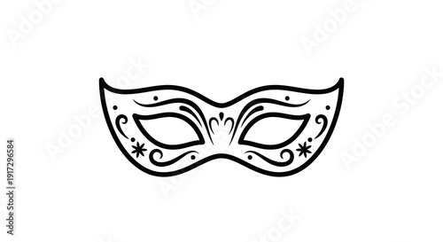 A simple black masquerade mask with decorative swirls and dots on a white background.