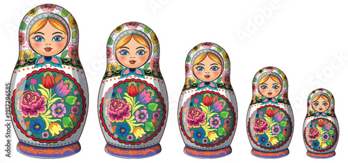 Five Traditional Russian Matryoshka Nesting Dolls in a Row