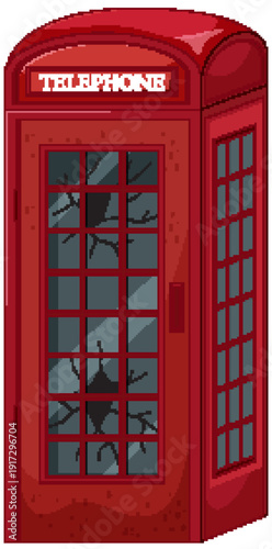 Abandoned Red Telephone Booth with Broken Glass Windows