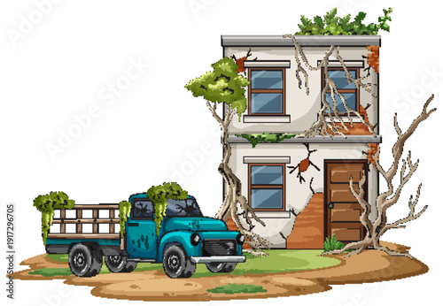 Abandoned House and Old Truck Overgrown with Vines