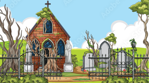 Abandoned Cemetery Chapel with Overgrown Trees and Statues