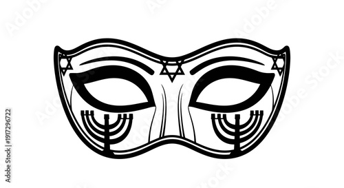 A simple black and white illustration of a mask with menorah designs around the eyes.