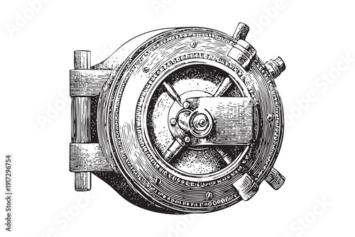 Vault door vector illustration on transparent background, security safe sketch