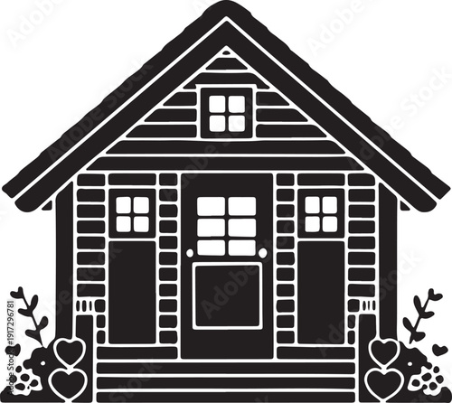 Charming rustic cabin house with cute heart decorations and flower bushes welcoming entrance