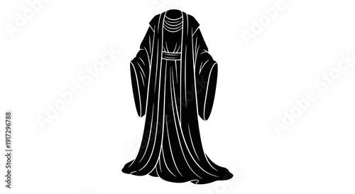 A simple black and white illustration of a person wearing a long robe with a hood.