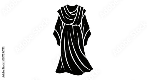 A simple black and white illustration of a flowing robe with draped fabric.