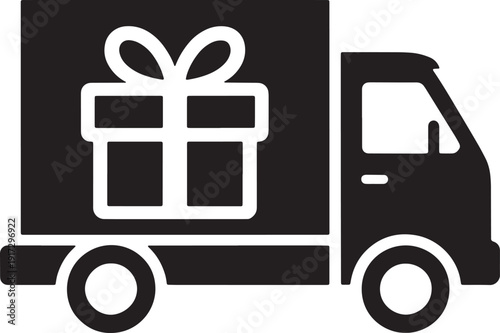 Commercial delivery truck transporting large wrapped gift box showing fast logistic service shipping concept