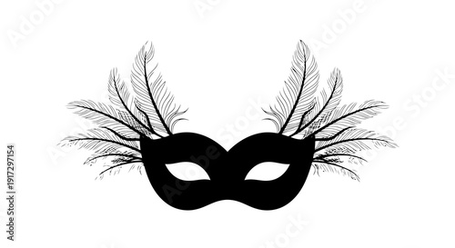 A black masquerade mask with feathers on a white background is visible.
