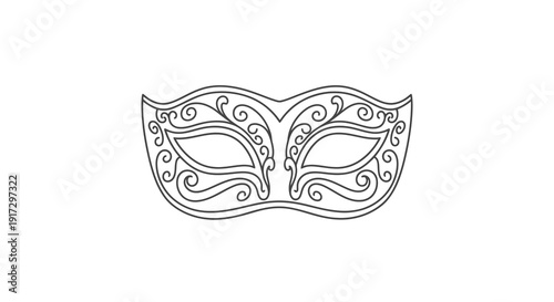 An elegant black and white illustration of a masquerade mask on a white background.