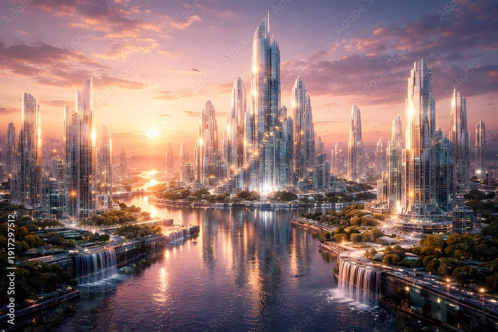 Obraz premium Futuristic city skyline with towering crystalline skyscrapers illuminated by a golden sunset over a tranquil river.