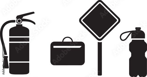 Equipment silhouette icons set including fire extinguisher briefcase road sign water bottle
