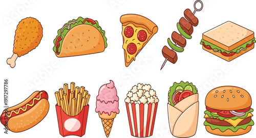 Fast food and casual dining vector set with burger pizza fries and taco for restaurant menus and food delivery branding