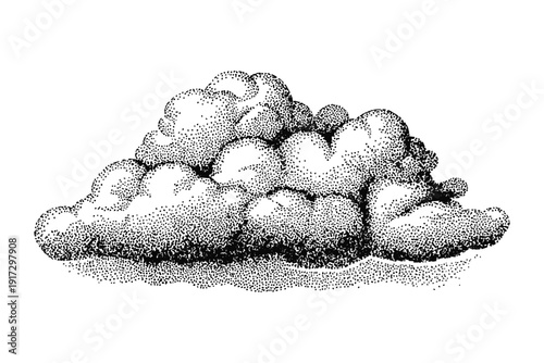 Cumulus cloud formation sketchy black and white vector illustration on transparent background