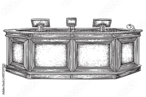 Antique wooden reception desk with computer screens black and white vector engraving on transparent
