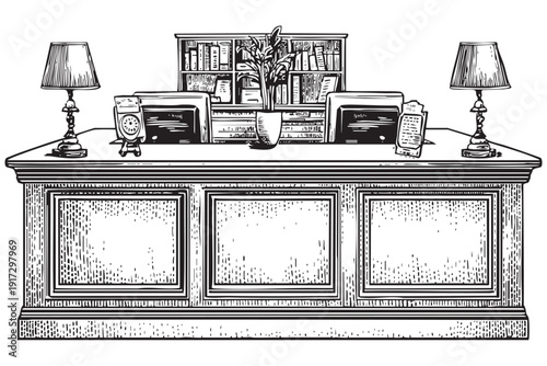 Executive desk with lamps files books clock plant black and white vector engraving transparent background