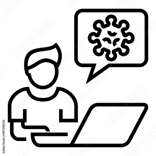 Outline illustration of a person using a laptop with a speech bubble containing a virus symbol, representing online health consultation, remote work during pandemic.