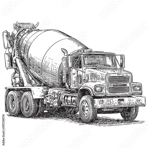 Concrete mixer truck detailed sketch on transparent background vector illustration industrial