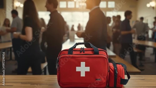Two red first aid kits are displayed in the foreground on a wooden table. In the blurred background, a group of people are mingling in what appears to be a large room.