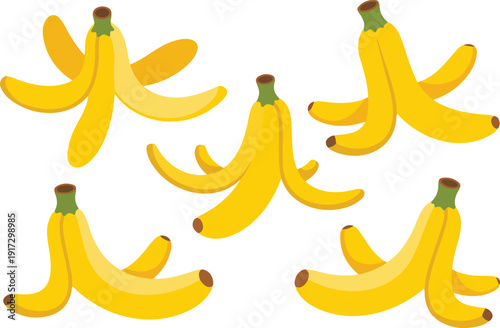 Minimal Banana Peel Outline Icon Set  Scattered Fruit Skins Composition