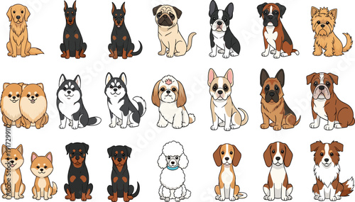 Dog breed illustration megaset with Golden Retriever Husky Pug and German Shepherd for pet branding and veterinary signage