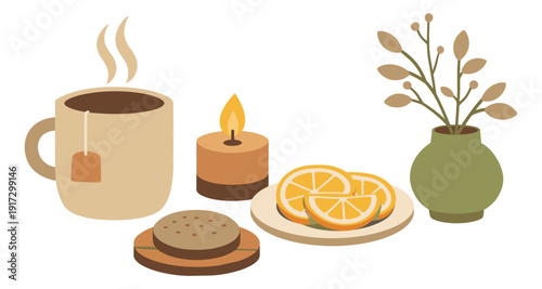 Cozy flat illustration set featuring a mug of tea, a lit candle, citrus slices, a cookie, and a decorative plant in a vase for a comforting home scene