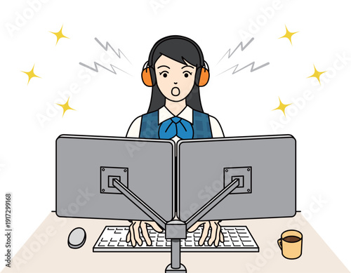 聴覚過敏の女性がイヤーマフを装着してPC作業中に驚く様子