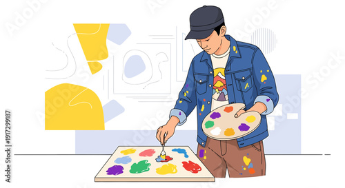 Artist painting canvas with colorful palette, creative expression, art studio