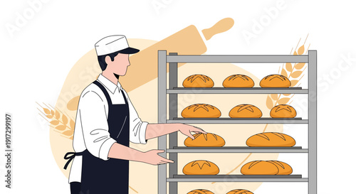 Baker Arranging Freshly Baked Bread on Shelves in Bakery