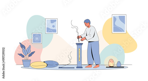 Man lighting incense stick at home, creating relaxing atmosphere with abstract art