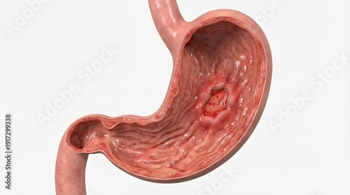 Anatomical illustration of a human stomach showing a gastric ulcer on its inner lining.